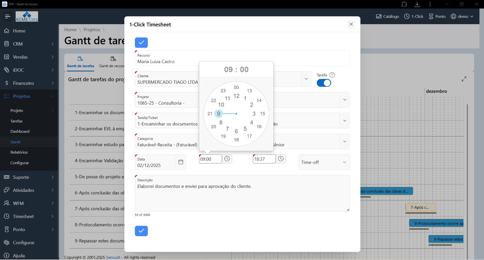 Tela do RPMflex para apontamento de horas em projetos, tarefas e tickets com timesheet integrado